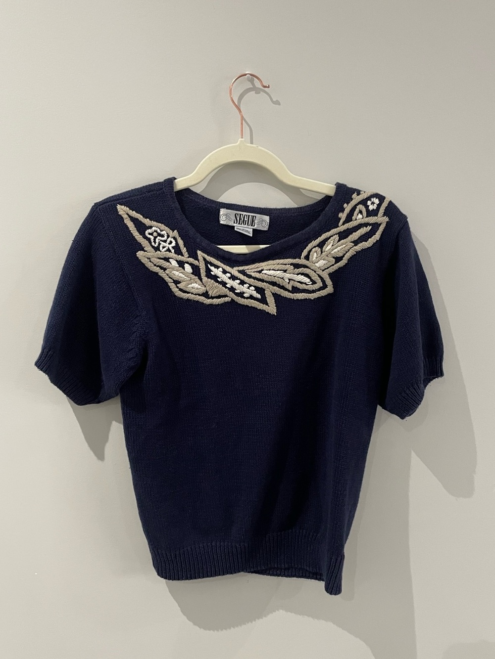 Classic Navy Knit Sweater with Subtle Cream Trim